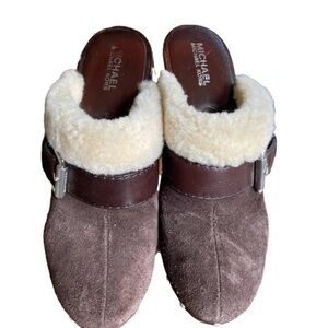 Michael Kors Chocolate Suede Clogs with Ivory Fur Trim